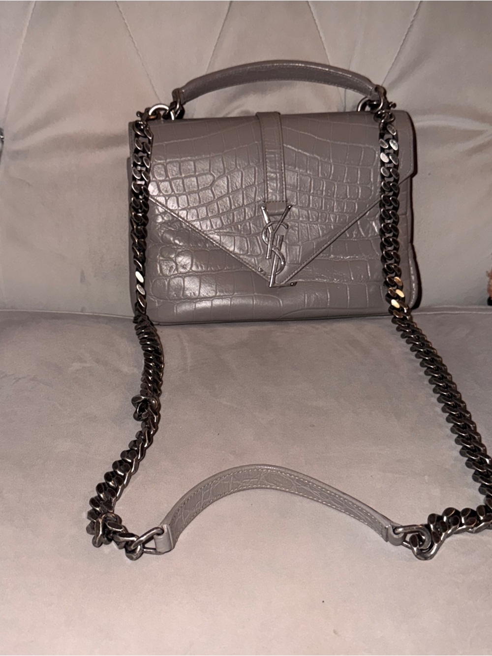 Saint Laurent Croc-Embossed Grey Leather Shoulder Bag with Chain